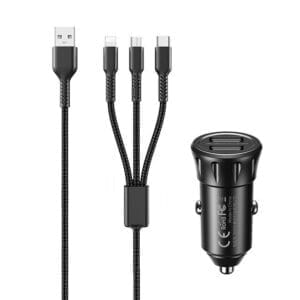 REMAX Auto punjač 2.4A 2xUSB+ kabl 3 u 1 RCC236, crni - Slika 1