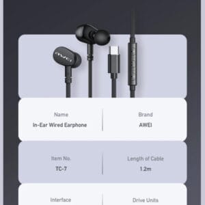 Awei Slušalice AWEI TC-7 Bubice USB-C w/microphone Crne - Slika 6